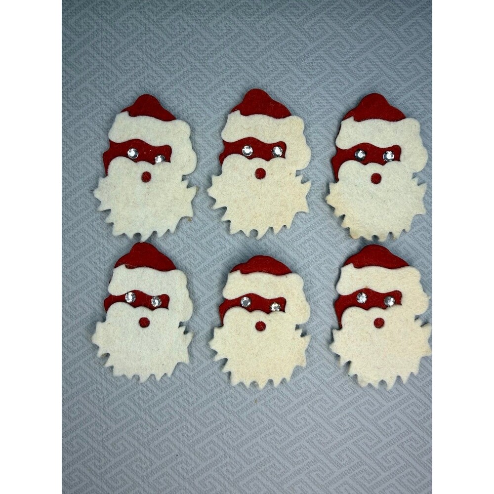 6 Vintage NOS Felt Santa Claus Head Embellishments Rhinestone Eyes Christmas